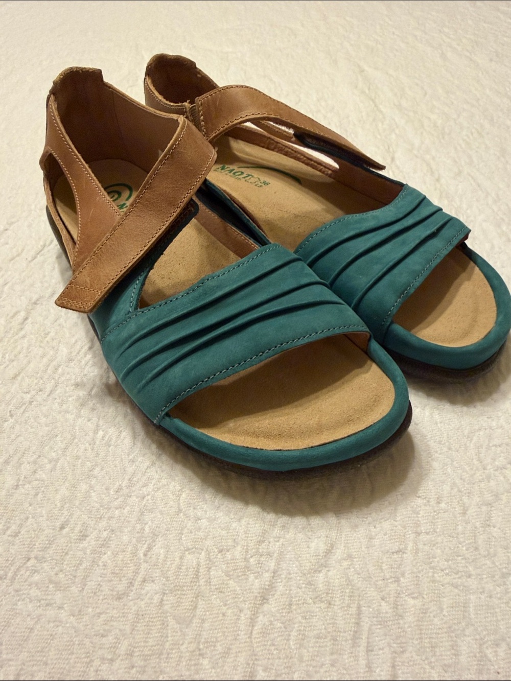 Women’s NAOT Teal and Tan Pleated Front Sandals size 36 (size US 6)